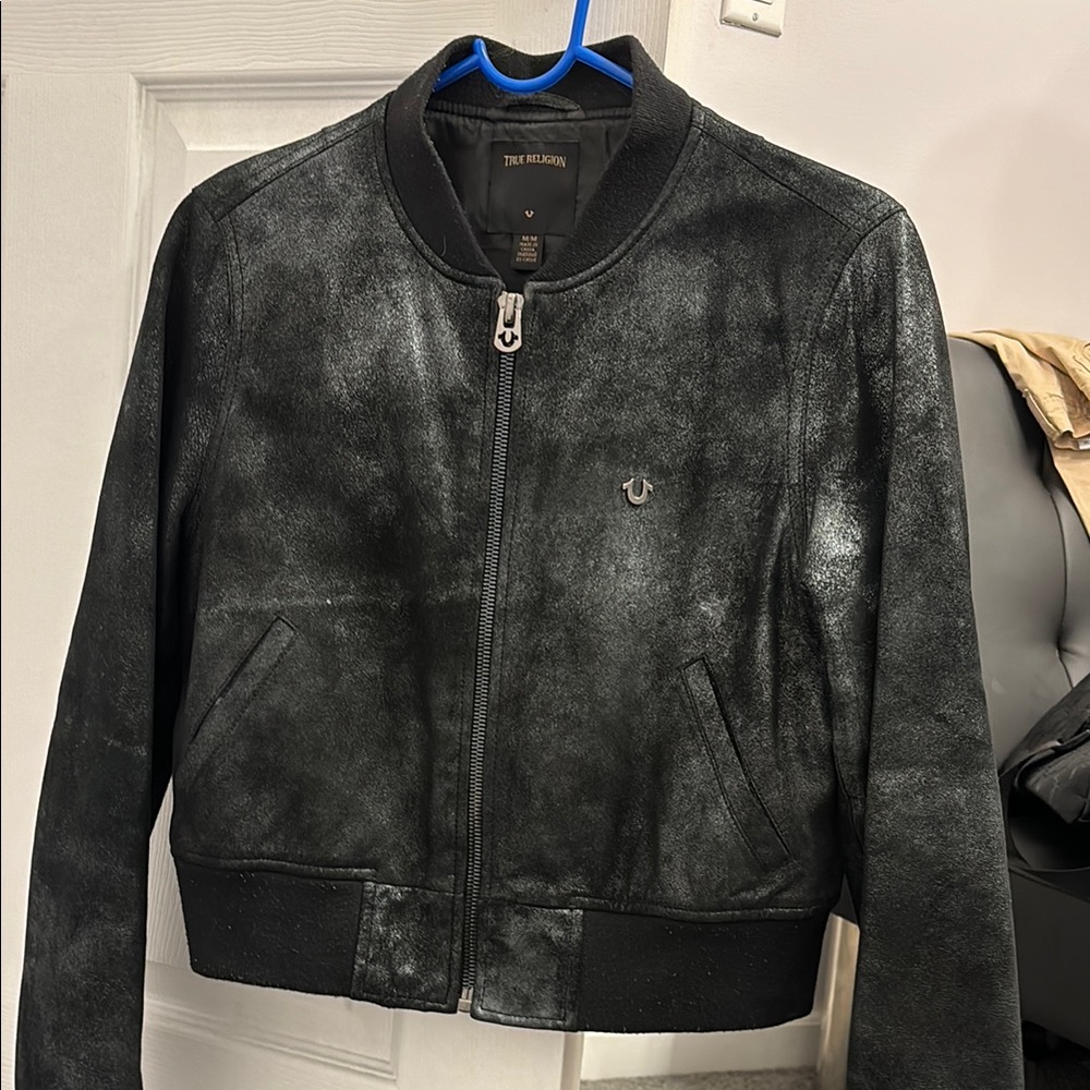 True Religion Black Bomber Jacket with Distressed Finish